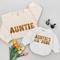 Matching Auntie and Lil' Dude Sweatshirt Set Retro Tan Design Custom Gift for Baby Boy Newborn Aunt Birthday or Holiday Minimalist Outfit