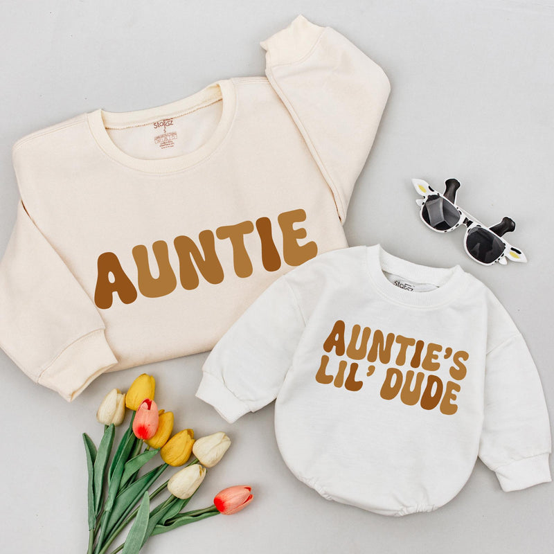 Matching Auntie and Lil' Dude Sweatshirt Set Retro Tan Design Custom Gift for Baby Boy Newborn Aunt Birthday or Holiday Minimalist Outfit