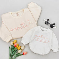 Matching Auntie and Nephew Sweatshirts with Pink Cursive Embroidery Minimalist Design, Baby Shower Gift, New Aunt Present, Family Outfit