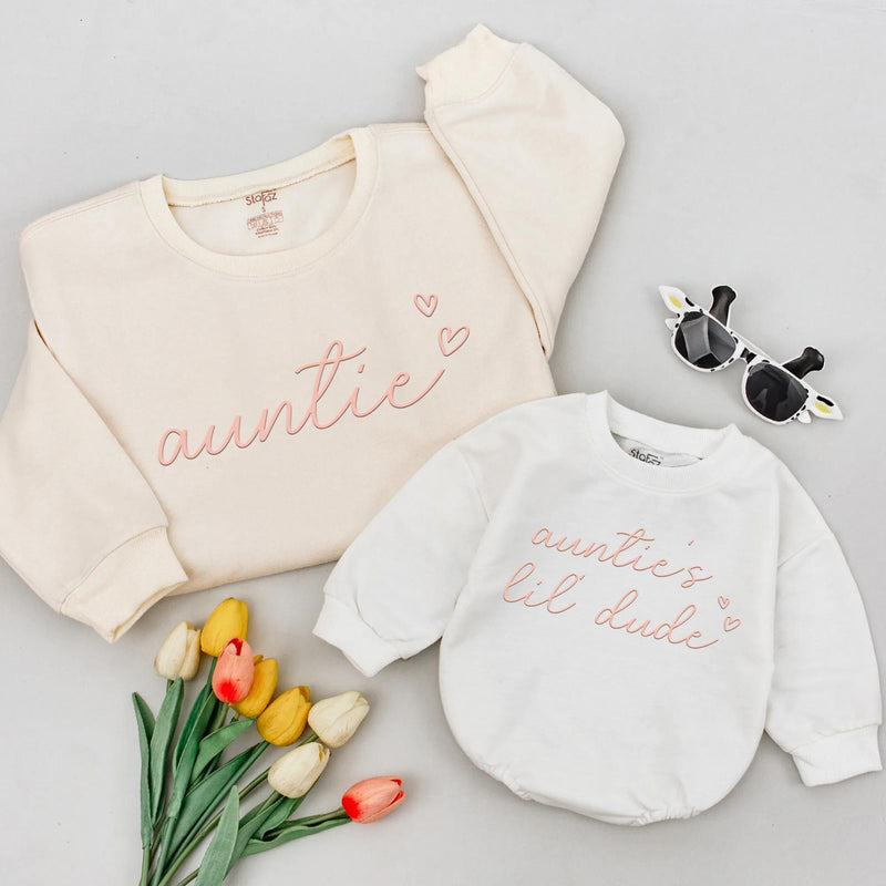 Matching Auntie and Nephew Sweatshirts with Pink Cursive Embroidery Minimalist Design, Baby Shower Gift, New Aunt Present, Family Outfit