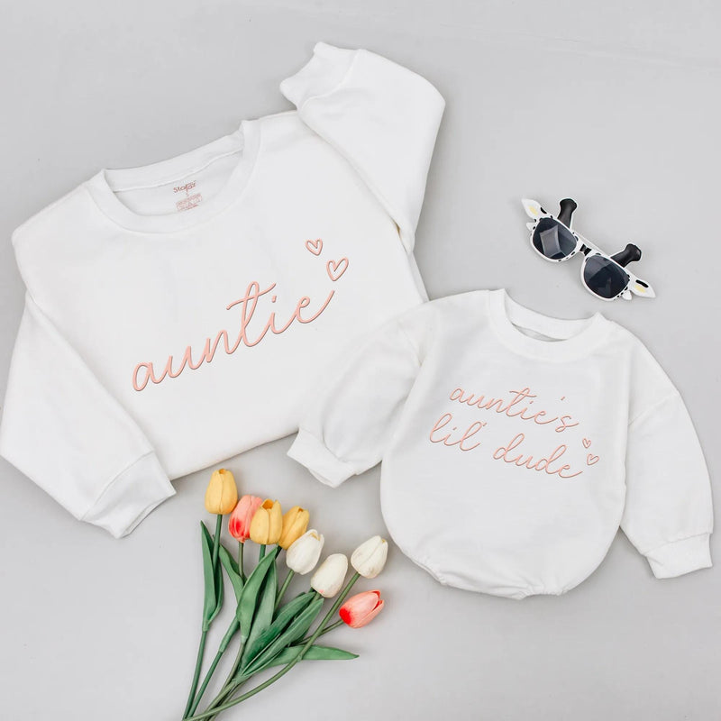 Matching Auntie and Nephew Sweatshirts with Pink Cursive Embroidery Minimalist Design, Baby Shower Gift, New Aunt Present, Family Outfit