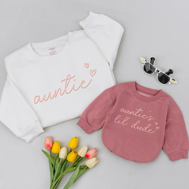 Matching Auntie and Nephew Sweatshirts with Pink Cursive Embroidery Minimalist Design, Baby Shower Gift, New Aunt Present, Family Outfit