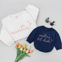Matching Auntie and Nephew Sweatshirts with Pink Cursive Embroidery Minimalist Design, Baby Shower Gift, New Aunt Present, Family Outfit