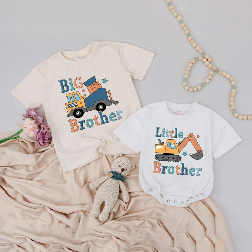 Matching Big Brother Little Brother Construction Shirts, Truck and Excavator Design, Birthday or Sibling Outfit, Soft Cotton Clothes