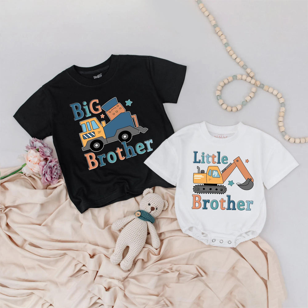 Matching Big Brother Little Brother Construction Shirts, Truck and Excavator Design, Birthday or Sibling Outfit, Soft Cotton Clothes