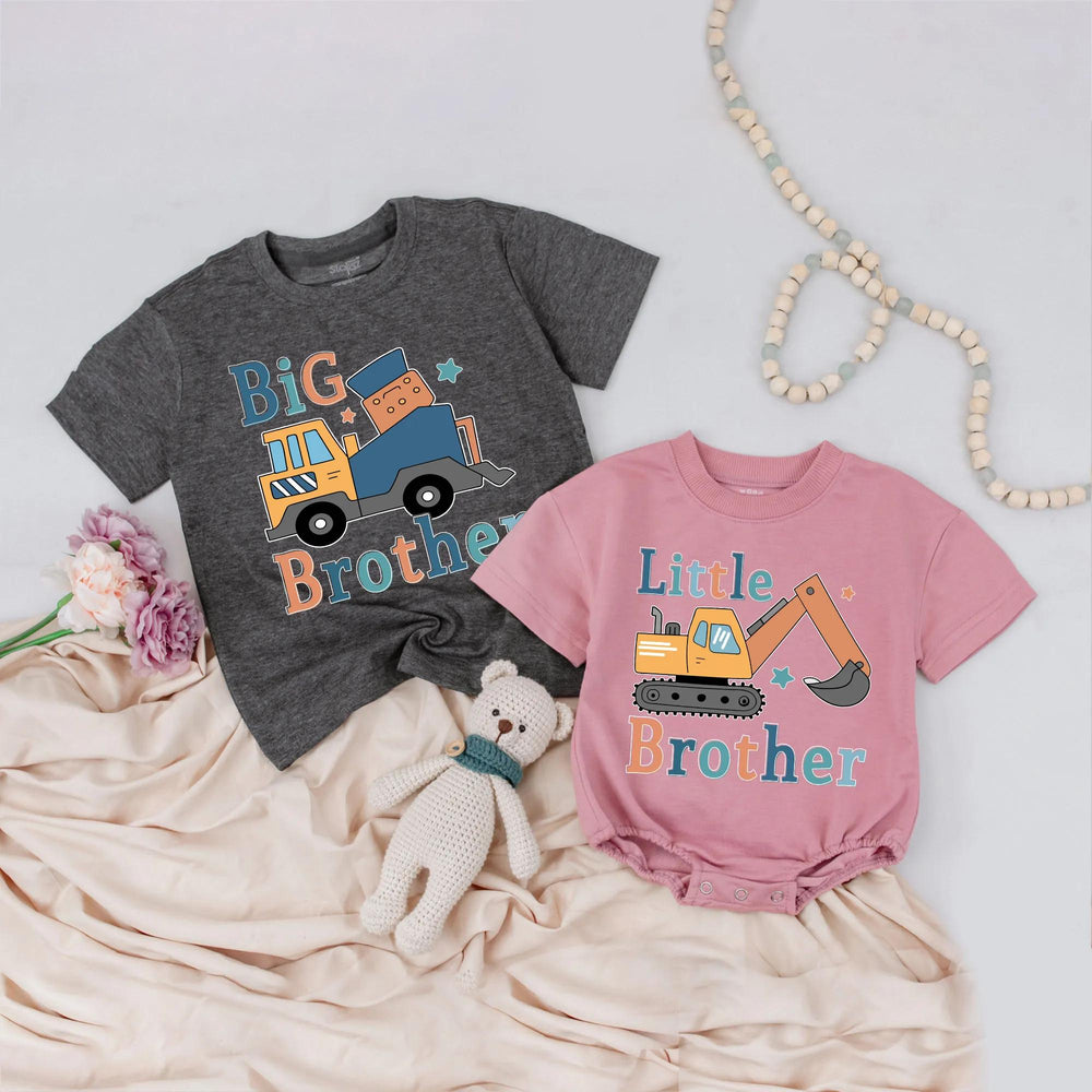 Matching Big Brother Little Brother Construction Shirts, Truck and Excavator Design, Birthday or Sibling Outfit, Soft Cotton Clothes