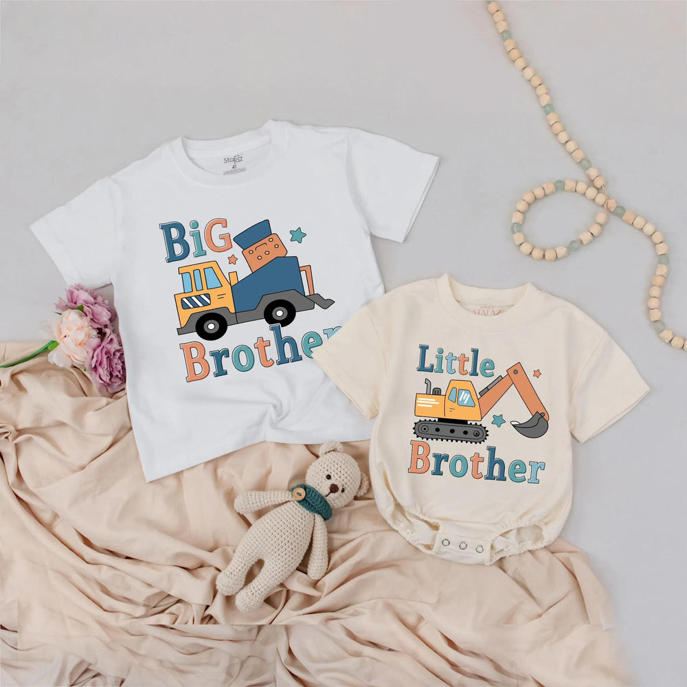 Matching Big Brother Little Brother Construction Shirts, Truck and Excavator Design, Birthday or Sibling Outfit, Soft Cotton Clothes