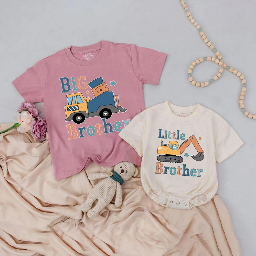 Matching Big Brother Little Brother Construction Shirts, Truck and Excavator Design, Birthday or Sibling Outfit, Soft Cotton Clothes