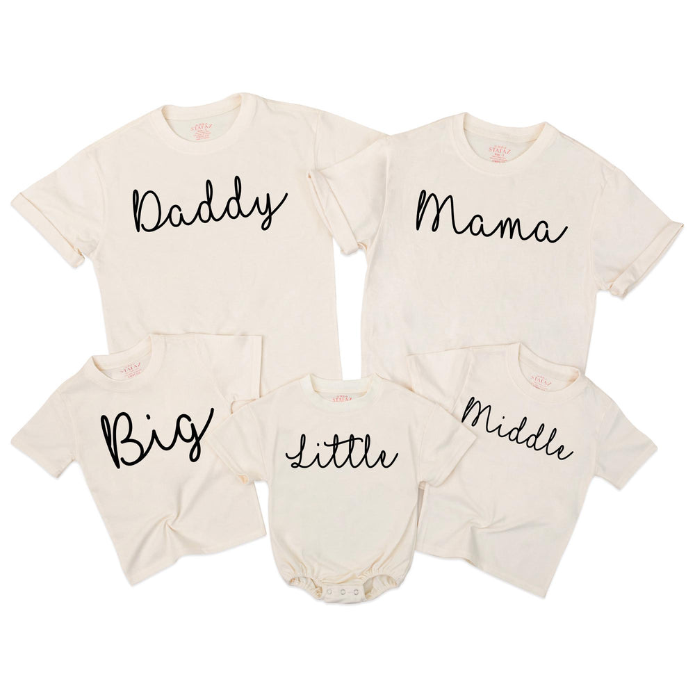 Matching Big Middle Little Sibling Shirts Family Outfit Daddy Mama Tee Baby Romper Toddler Gift Minimalist Handwritten Design Cotton