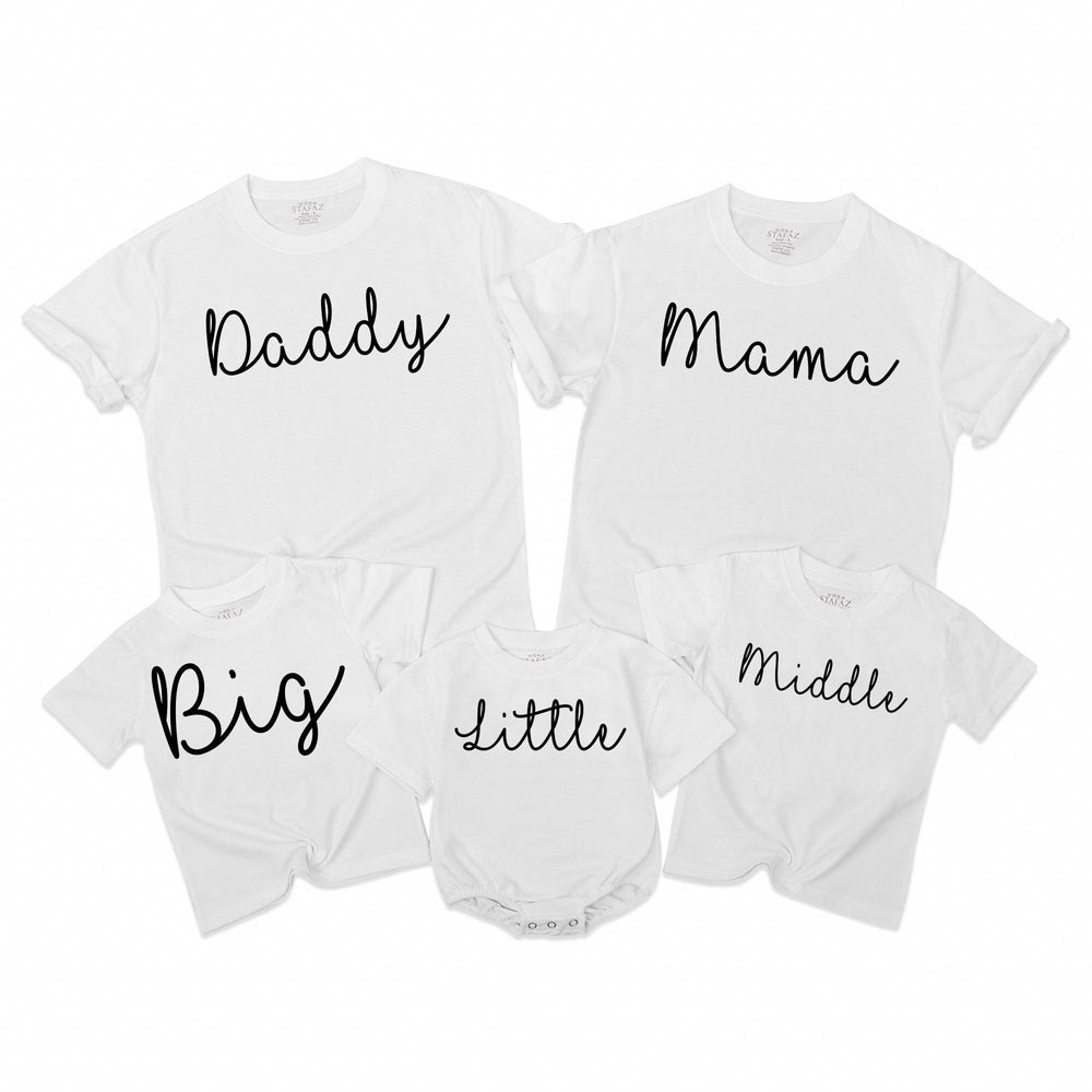 Matching Big Middle Little Sibling Shirts Family Outfit Daddy Mama Tee Baby Romper Toddler Gift Minimalist Handwritten Design Cotton