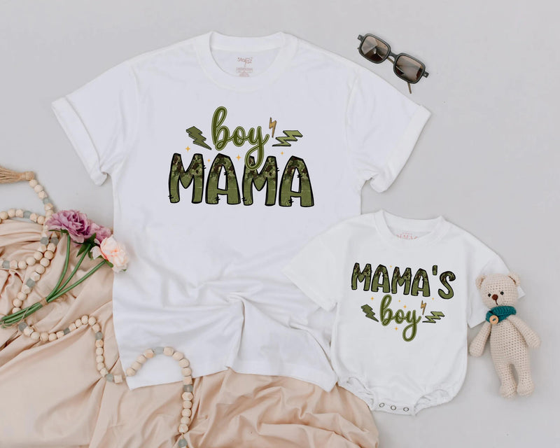 Matching Boy Mama Shirt and Mama's Boy Outfit with Camouflage Design Custom Family Look for Mom and Baby Mother's Day Gift Idea