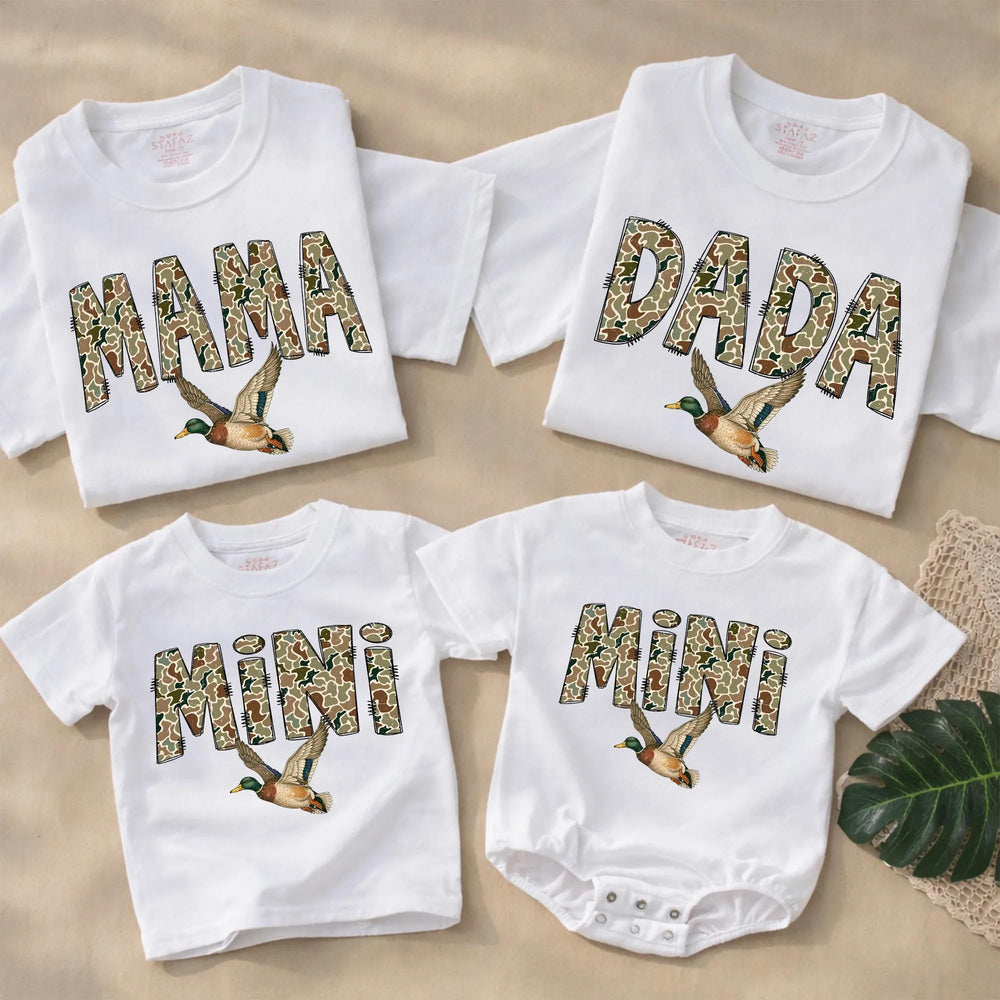 Matching Camouflage Mama Dada Mini Shirts with Flying Mallard Duck Design Soft Cotton First Birthday Outfit Baby Toddler Boy Gift