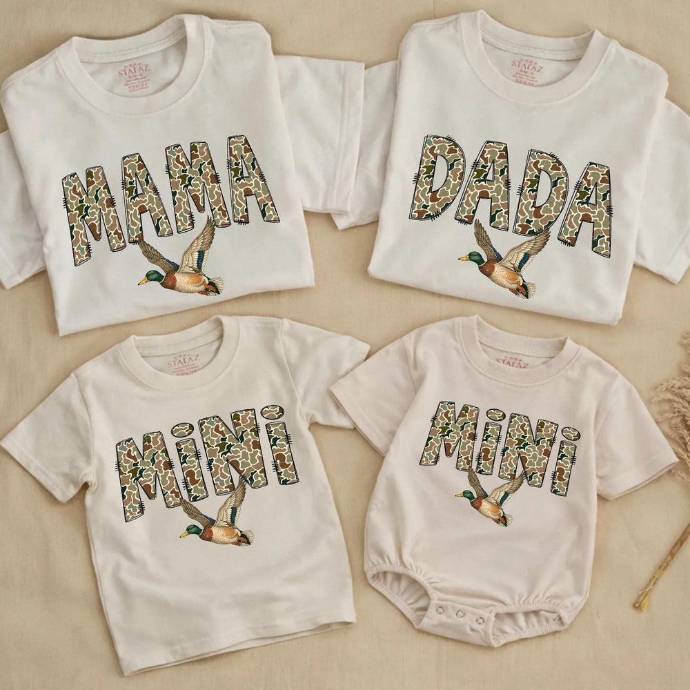 Matching Camouflage Mama Dada Mini Shirts with Flying Mallard Duck Design Soft Cotton First Birthday Outfit Baby Toddler Boy Gift