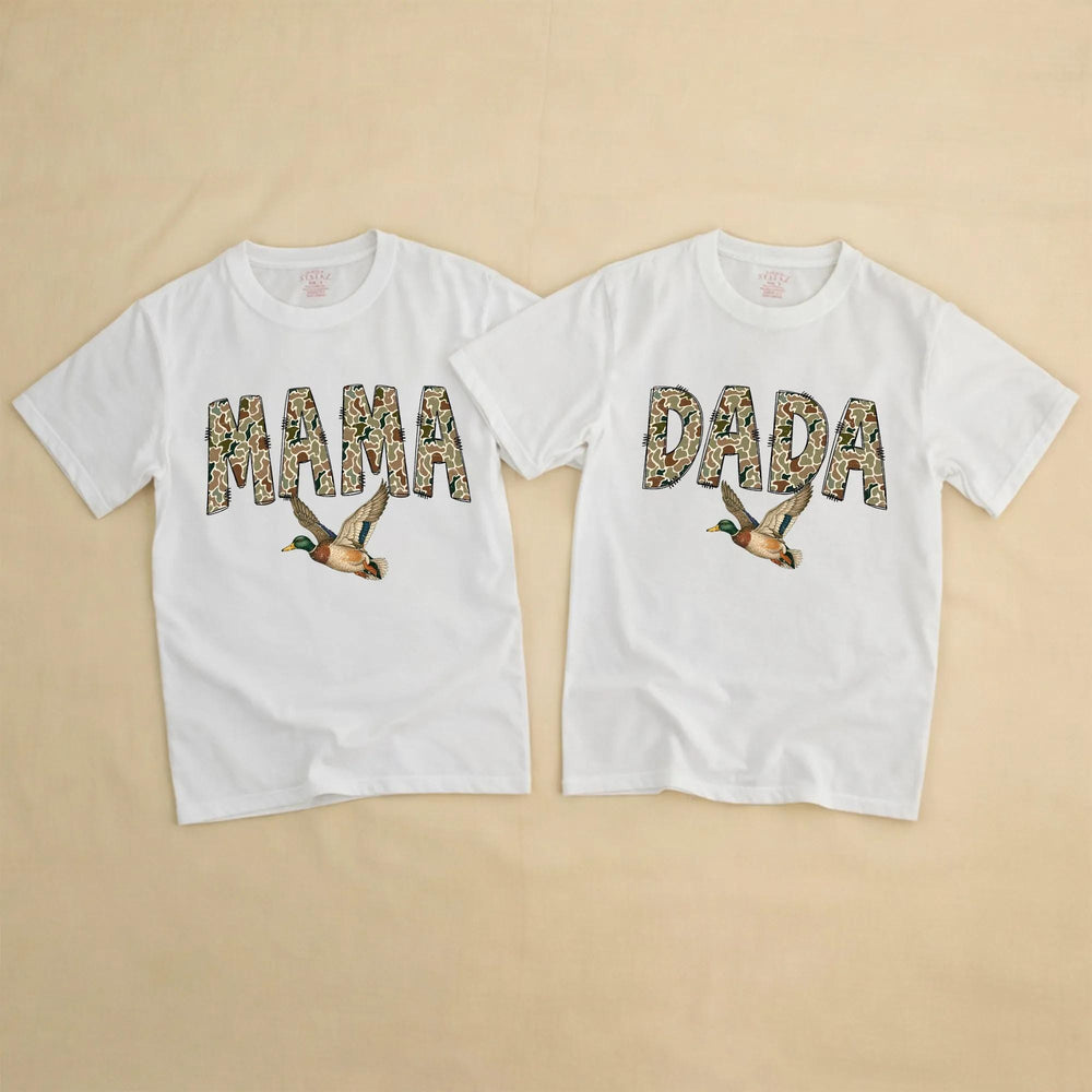 Matching Camouflage Mama Dada Mini Shirts with Flying Mallard Duck Design Soft Cotton First Birthday Outfit Baby Toddler Boy Gift