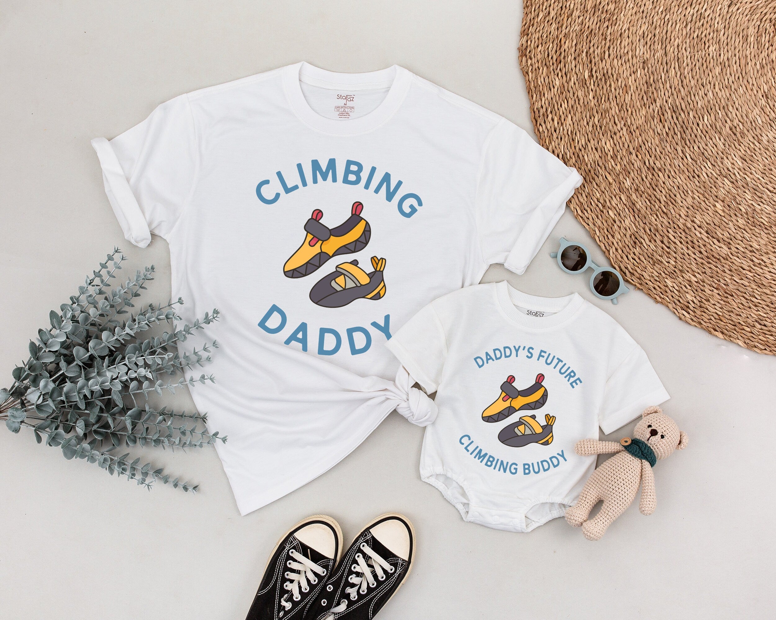 Matching Climbing Daddy and Baby Shirts Fun Adventure Family Outfit Bold Blue Text Yellow Red Shoes Rock Climbing Gift Idea