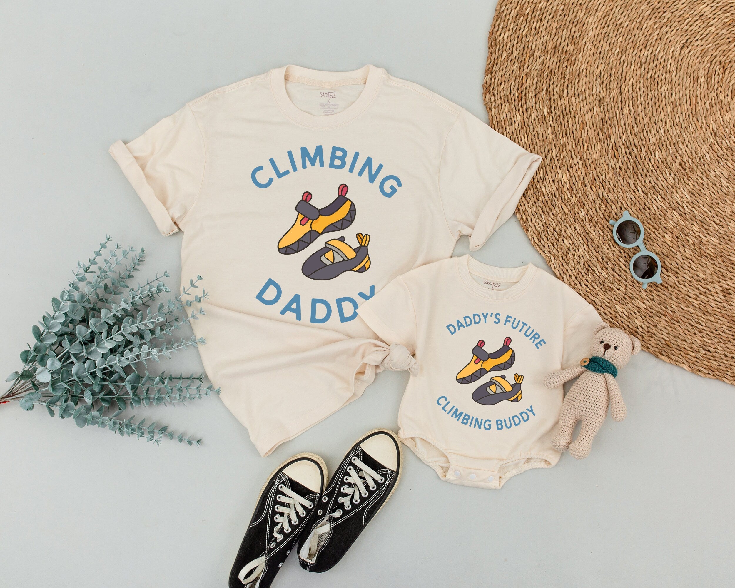 Matching Climbing Daddy and Baby Shirts Fun Adventure Family Outfit Bold Blue Text Yellow Red Shoes Rock Climbing Gift Idea