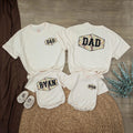 Matching Dad and Son Custom Name Camo Outfits Woodland Patch Design Soft Cotton T-Shirt and Baby Romper Family Gift for Holidays or Birthdays