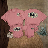 Matching Dad and Son Custom Name Camo Outfits Woodland Patch Design Soft Cotton T-Shirt and Baby Romper Family Gift for Holidays or Birthdays
