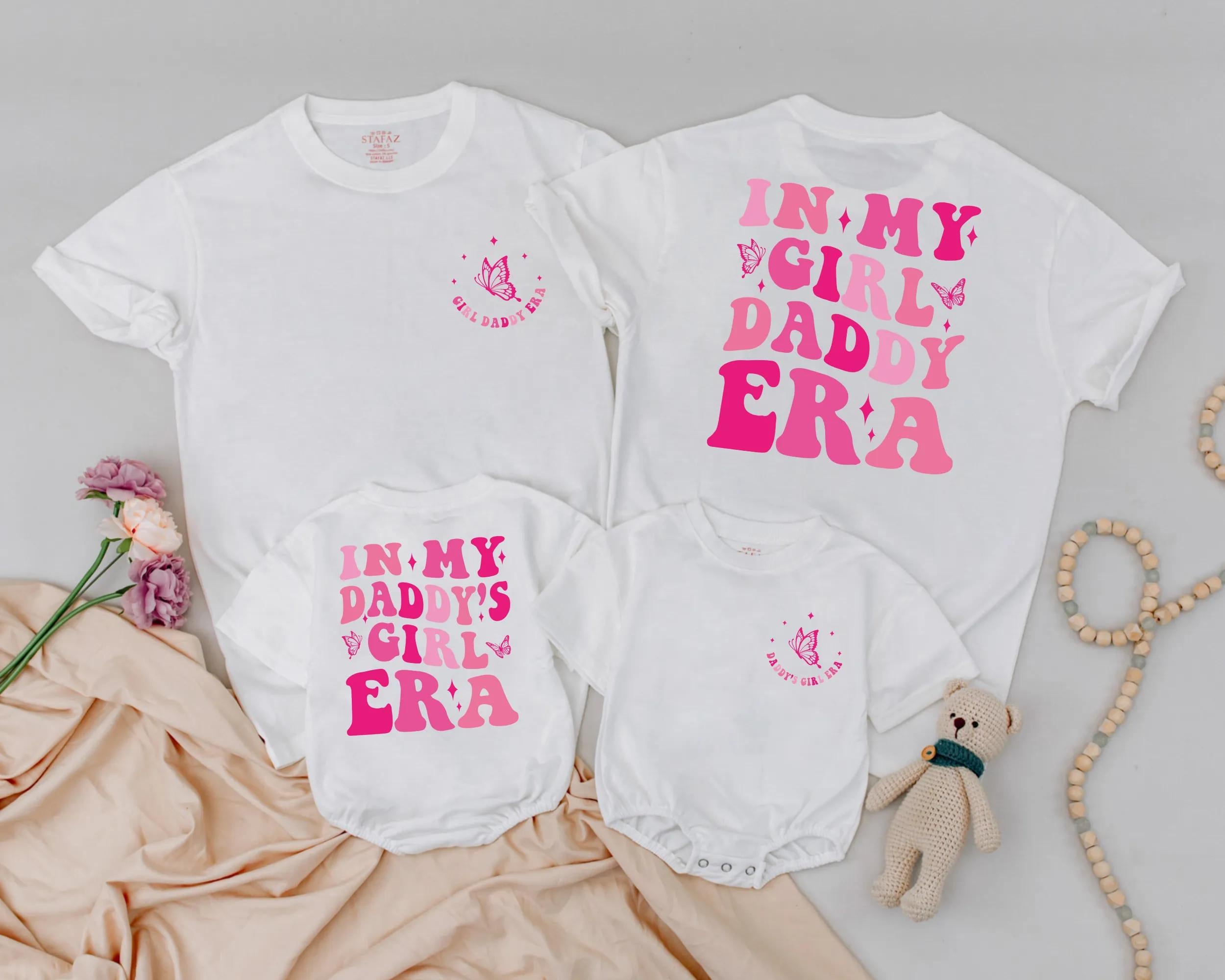 Matching Daddy and Me Outfits Vibrant Pink Girl Daddy Era Shirt with Butterflies and Heart Romper Baby Girl Father's Day Gift