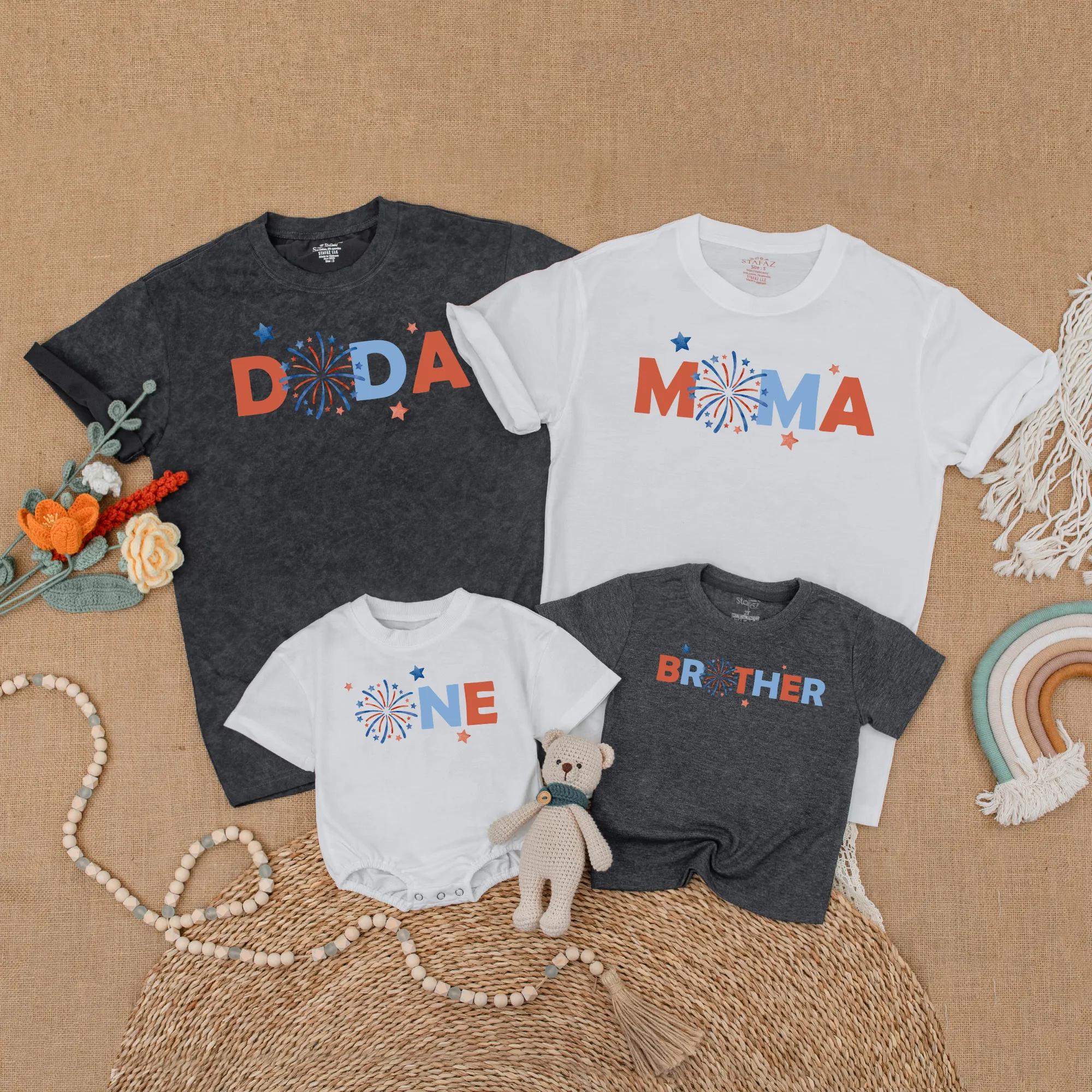 Matching Family 4th of July Shirts Baby Boy First Birthday Outfit Custom Names Fireworks Stars Design Festive Cotton Clothing Set