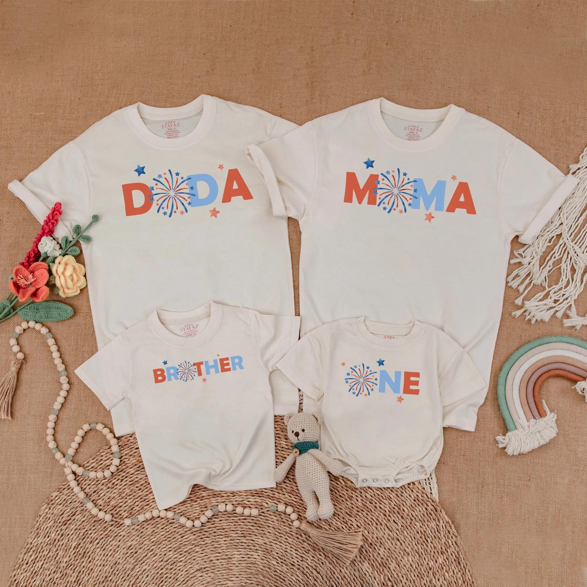 Matching Family 4th of July Shirts Baby Boy First Birthday Outfit Custom Names Fireworks Stars Design Festive Cotton Clothing Set