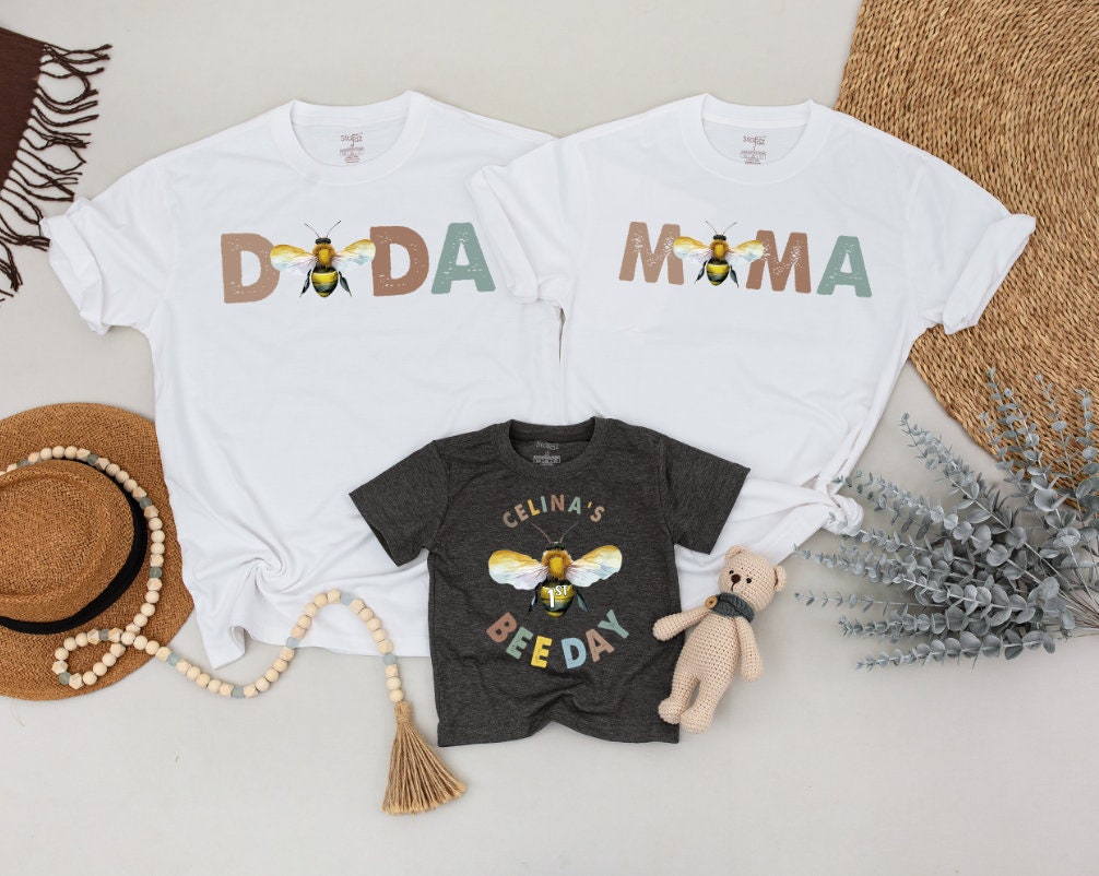 Matching Family Bee Birthday Outfit with DADA MAMA Shirts Celina's Bee Day Romper Baby Toddler Earthy Tones First Celebration Gift