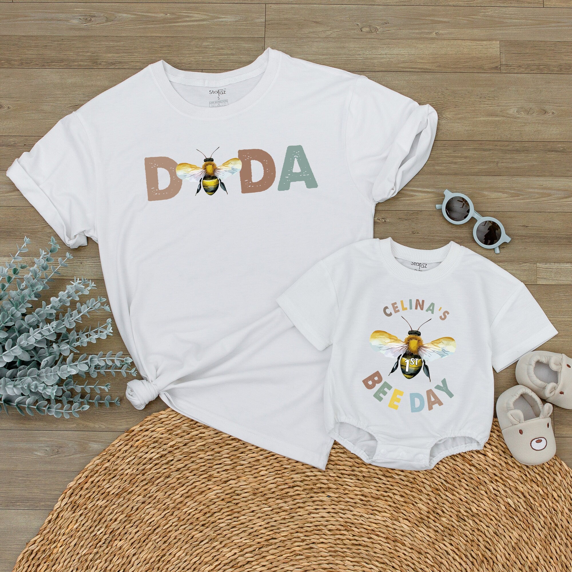 Matching Family Bee Birthday Outfit with DADA MAMA Shirts Celina's Bee Day Romper Baby Toddler Earthy Tones First Celebration Gift