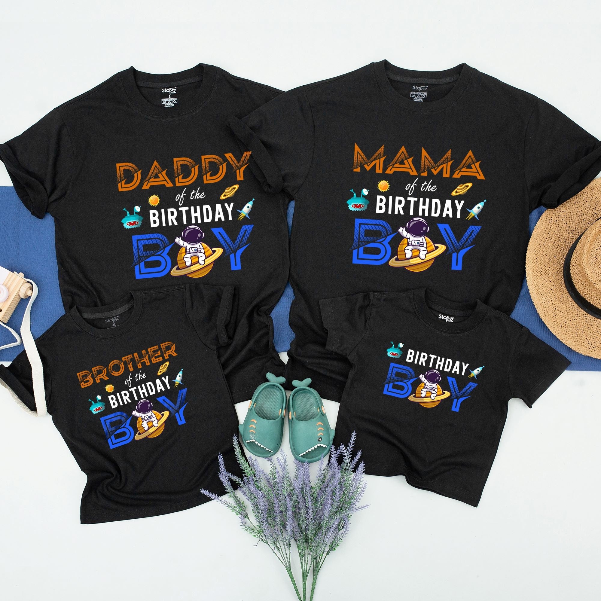 Matching Family Birthday Astronaut Shirts Whimsical Space Theme Custom Names for Mom Dad Brother Boy Toddler Party Outfit