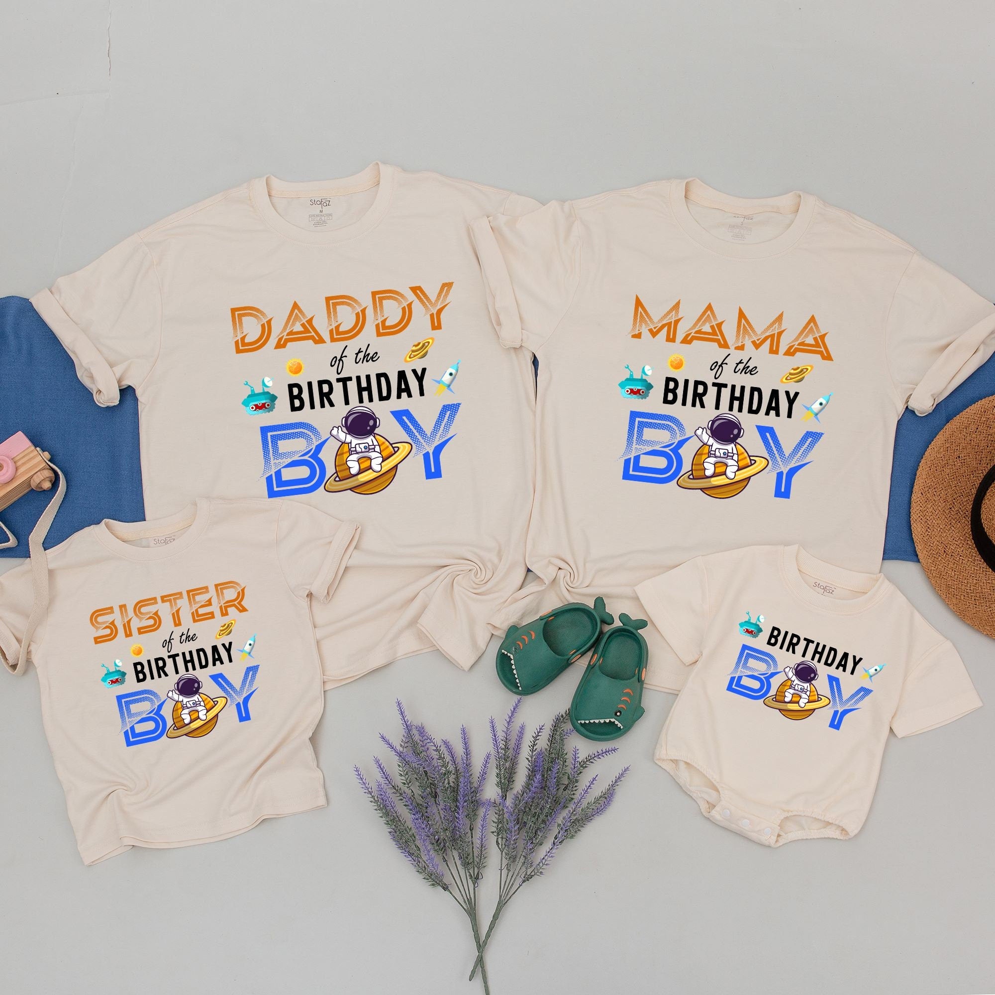 Matching Family Birthday Astronaut Shirts Whimsical Space Theme Custom Names for Mom Dad Brother Boy Toddler Party Outfit