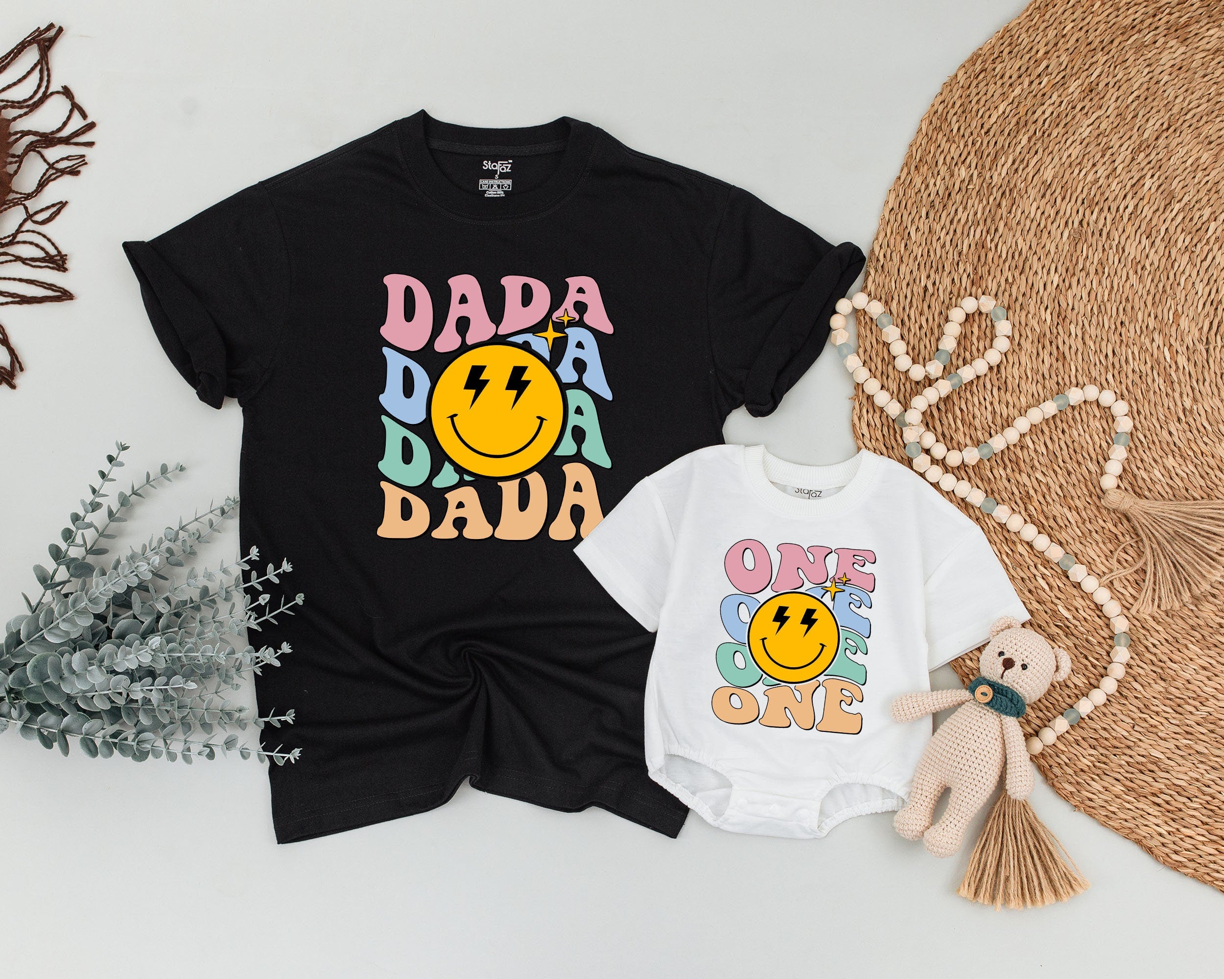 Matching Family Birthday Shirts Retro Smiley Design Dad Mom Baby Outfit Fun Pastel Cotton Party Gift