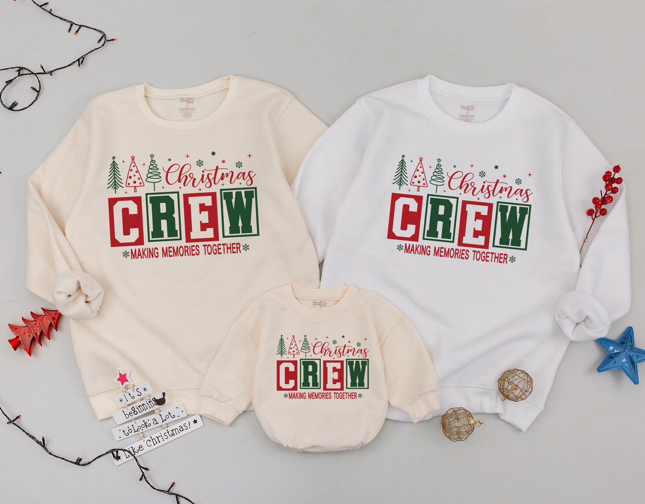 Matching Family Christmas Crew Sweatshirts Cozy Holiday Outfits with Trees and Stars for Mom Dad Kids Red Green Festive Sweaters