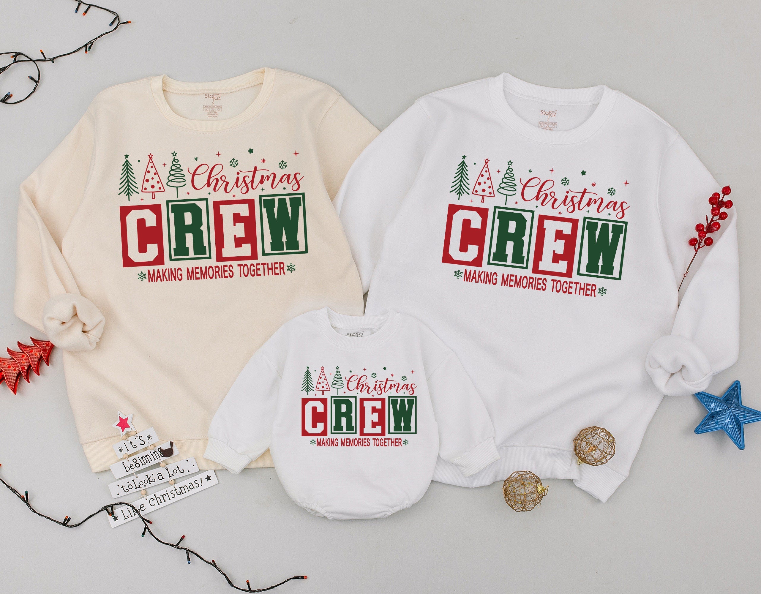 Matching Family Christmas Crew Sweatshirts Cozy Holiday Outfits with Trees and Stars for Mom Dad Kids Red Green Festive Sweaters