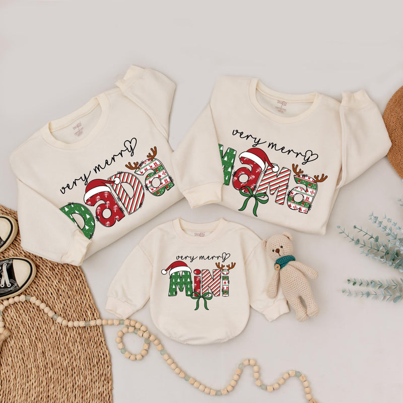 Matching Family Christmas Sweatshirts with Custom Names, Very Merry Mama Dada Mini Design, Soft Cotton Holiday Outfits for Baby, Kids, and Adults