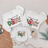 Matching Family Christmas Sweatshirts with Custom Names, Very Merry Mama Dada Mini Design, Soft Cotton Holiday Outfits for Baby, Kids, and Adults