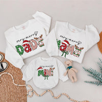 Matching Family Christmas Sweatshirts with Custom Names, Very Merry Mama Dada Mini Design, Soft Cotton Holiday Outfits for Baby, Kids, and Adults