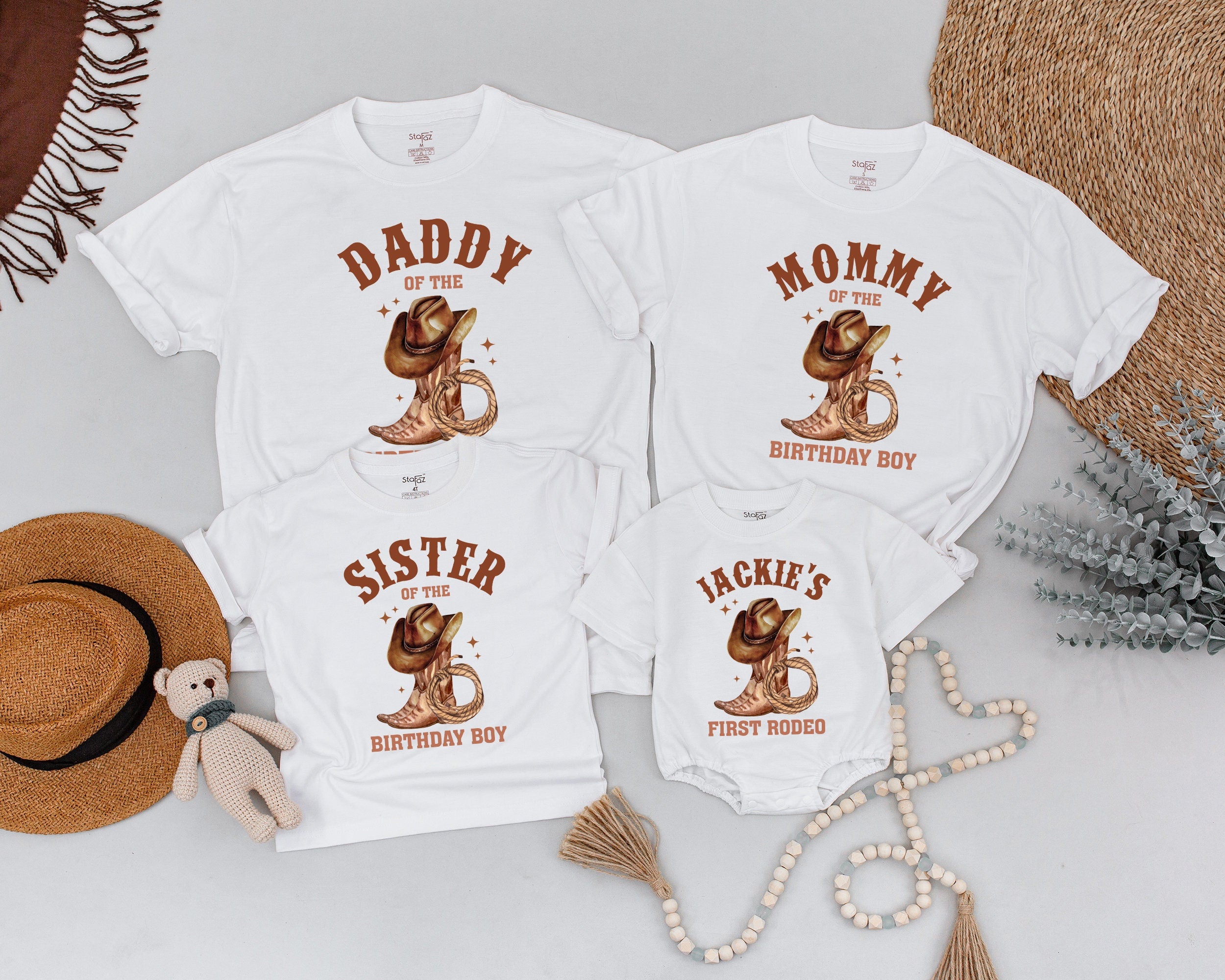 Matching Family Cowboy Birthday Shirts Rustic Western Theme Custom First Rodeo Boy Girl Outfit Personalized Mom Dad Toddler Baby