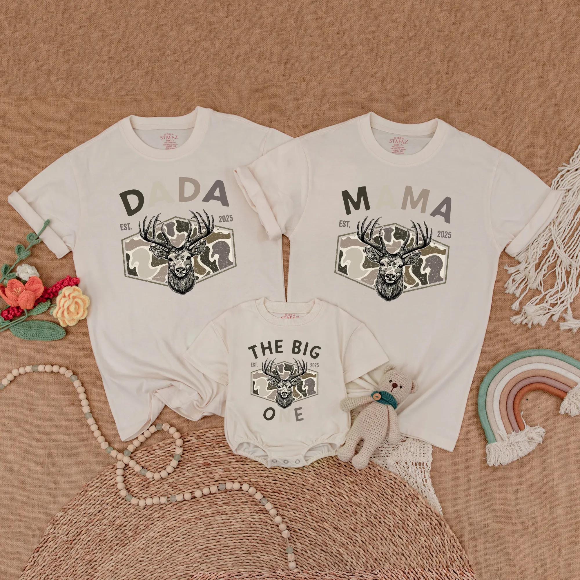 Matching Family Deer Camouflage Shirts Hunting First Birthday Boy Gift Custom Names Rustic Outdoor Design
