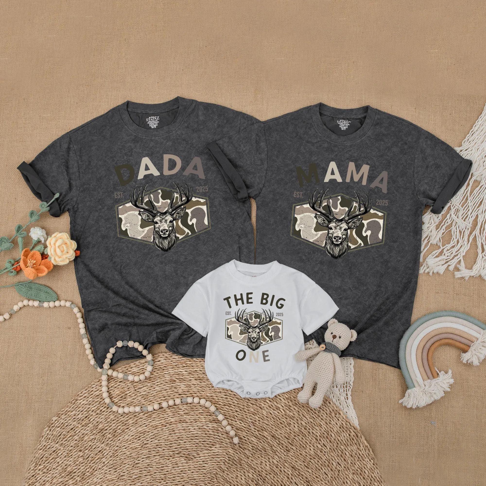 Matching Family Deer Camouflage Shirts Hunting First Birthday Boy Gift Custom Names Rustic Outdoor Design