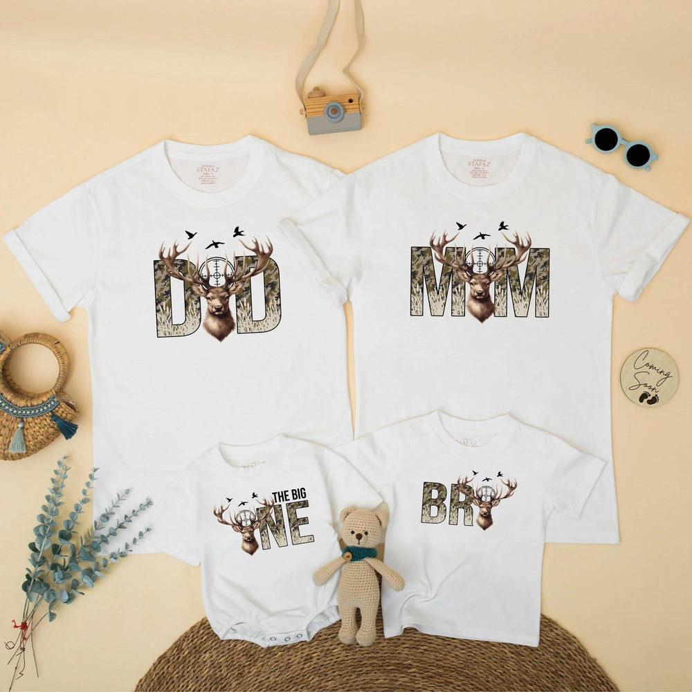 Matching Family Deer Hunting Birthday Shirts The Big One Outfit Mom Dad Camo Antler Design Wild One Party Gift for Baby Toddler Kids