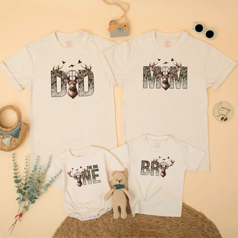 Matching Family Deer Hunting Birthday Shirts The Big One Outfit Mom Dad Camo Antler Design Wild One Party Gift for Baby Toddler Kids