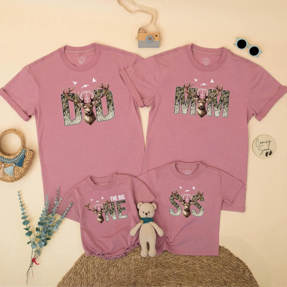 Matching Family Deer Hunting Birthday Shirts The Big One Outfit Mom Dad Camo Antler Design Wild One Party Gift for Baby Toddler Kids