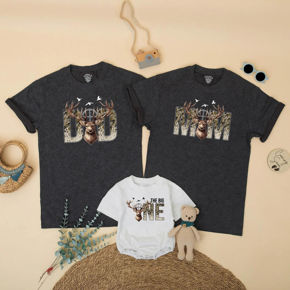 Matching Family Deer Hunting Birthday Shirts The Big One Outfit Mom Dad Camo Antler Design Wild One Party Gift for Baby Toddler Kids