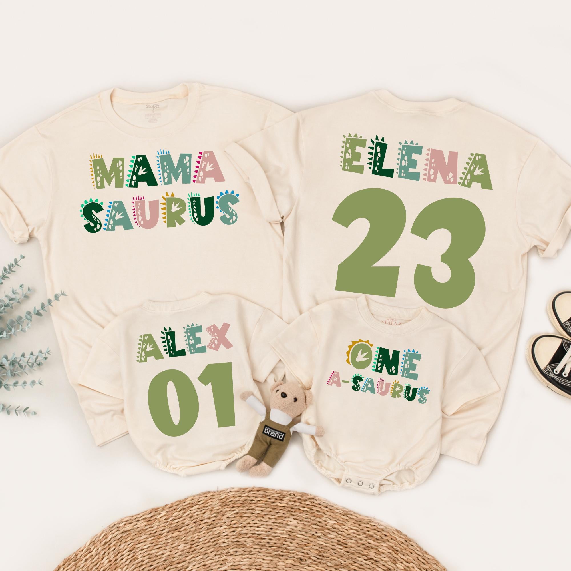 Matching Family Dinosaur Tees Playful Pastel Design Personalized Names Customizable Birthday Shirts Soft Cotton Kids and Parents Gift