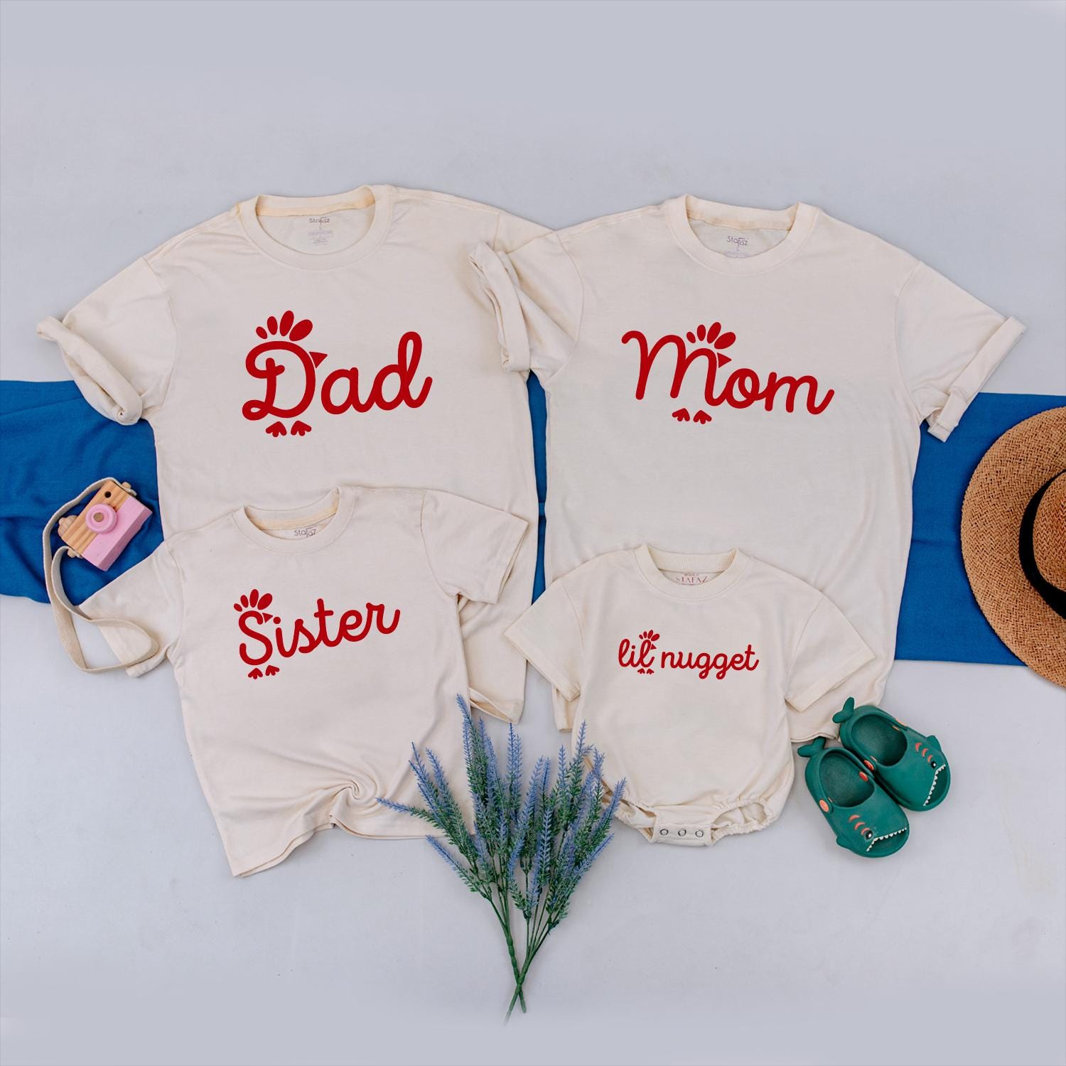 Matching Family Nugget Shirts Custom Names Red Text Chicken Footprints Personal Birthday Gift Soft Cotton Kids Adults Fun Design