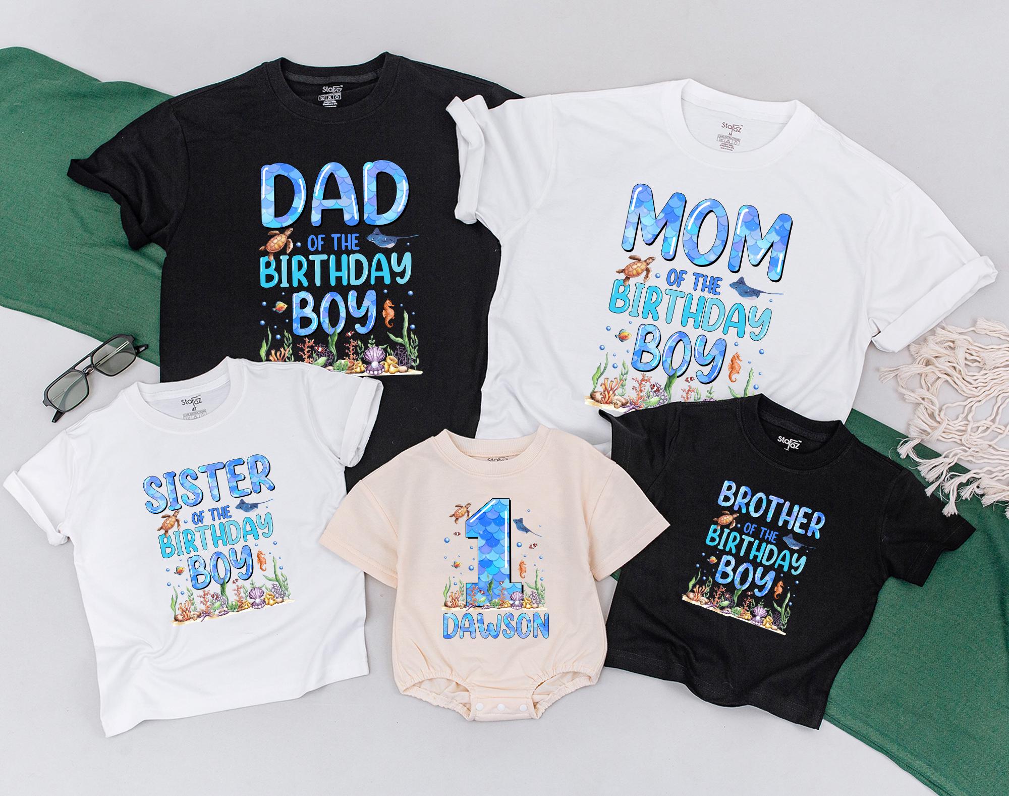 Matching Family Ocean Birthday Shirts Personalized First Birthday Outfit Custom Name Baby Boy Romper Playful Underwater Theme