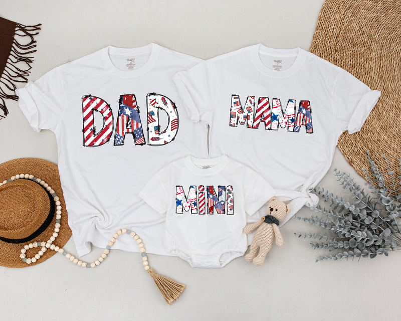 Matching Family Patriotic Shirts with Stars and Stripes Customizable 4th of July Outfit Red White Blue Designs for Mom Dad Mini Kids