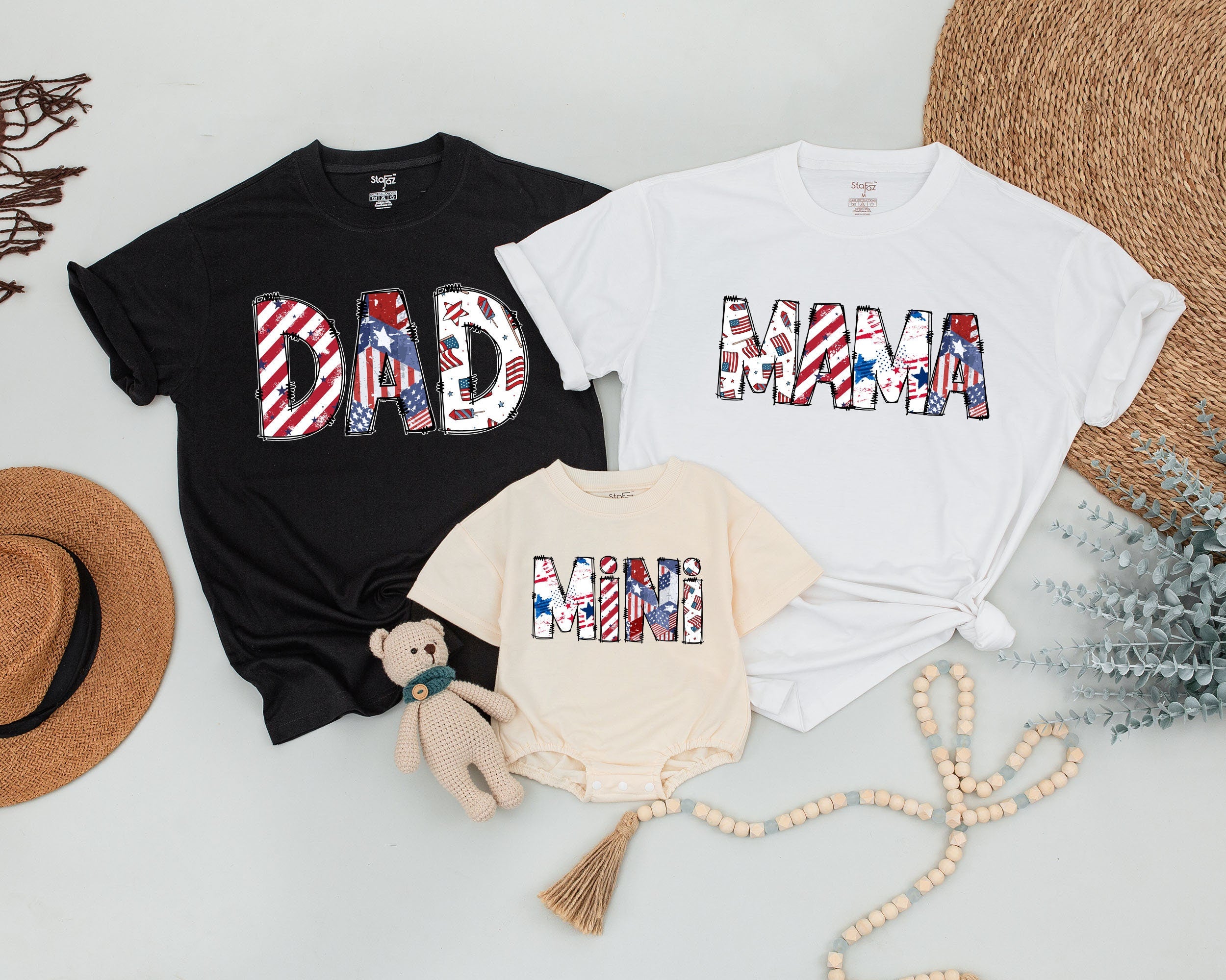Matching Family Patriotic Shirts with Stars and Stripes Customizable 4th of July Outfit Red White Blue Designs for Mom Dad Mini Kids