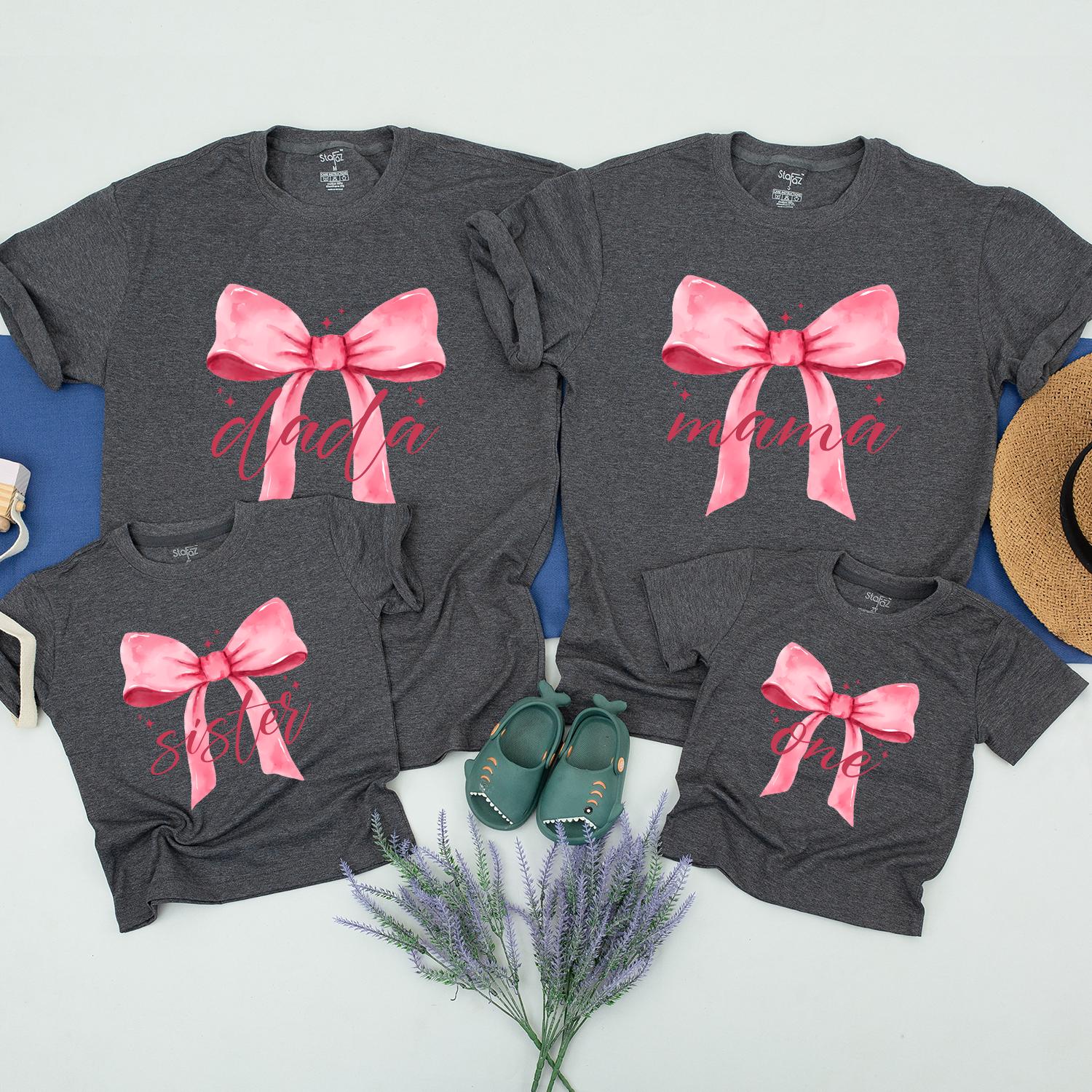 Matching Family Pink Bow First Birthday Shirts with Personalized Names Soft Cotton Design for Baby Girl Party Celebration
