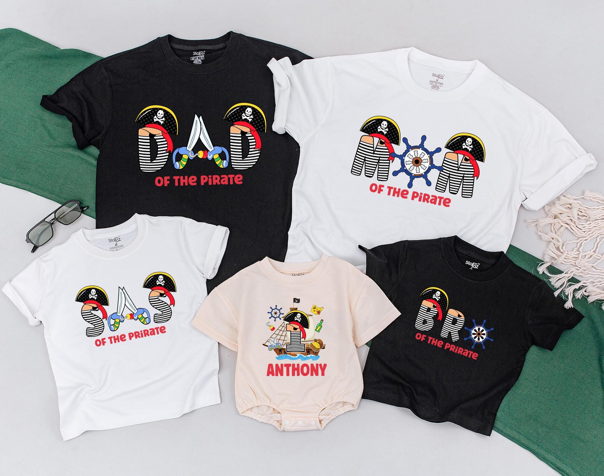 Matching Family Pirate Shirts Colorful Birthday Outfits Personalized Baby Romper with Pirate Ship Design Dad Mom Sister Brother Custom Names