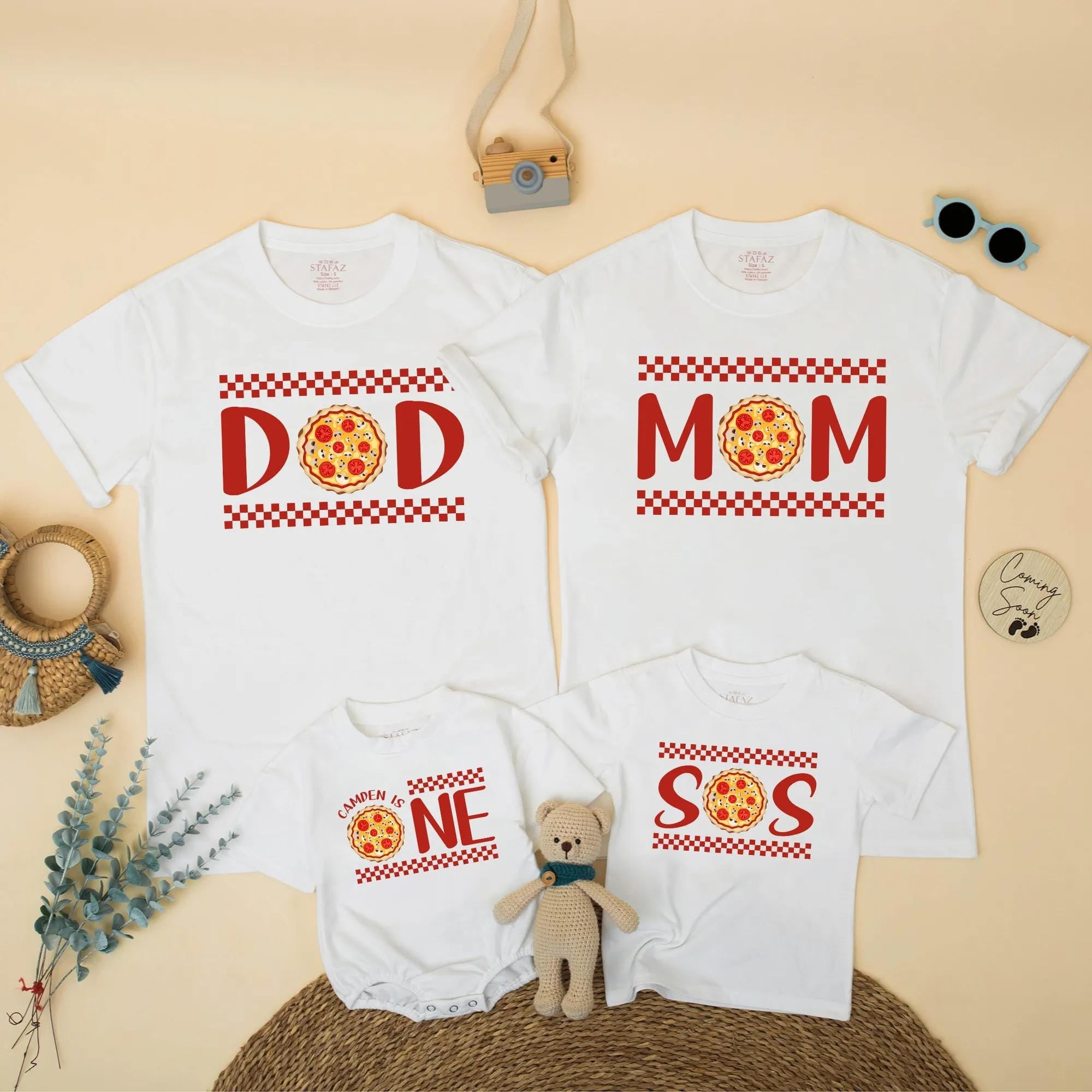 Matching Family Pizza Party Birthday Shirts Playful Checkered Design Personalized Outfit for Dad Mom One Bro Italian Celebration